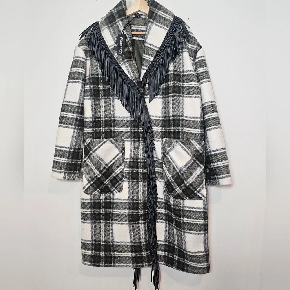 NWT BlankNYC Fringe Collar Green Scotland Plaid Oversized Winter Coat Size M